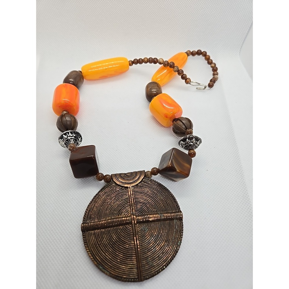 Boho Tribal Brown Wood Beads Orange Amber Discs Brass Medallion Pendant Necklace